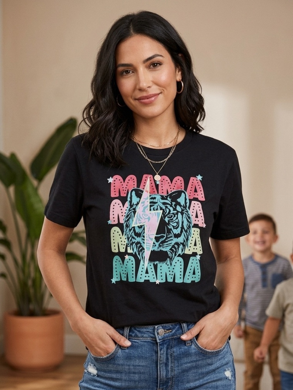 Gildan Black Short-Sleeve Tee with Colorful 'MAMA' Tiger Graphic